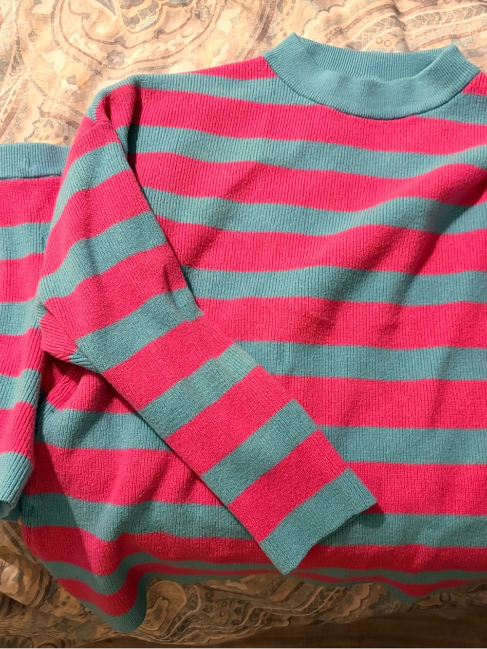 Bright Pink and Teal Striped Knit Sweater
